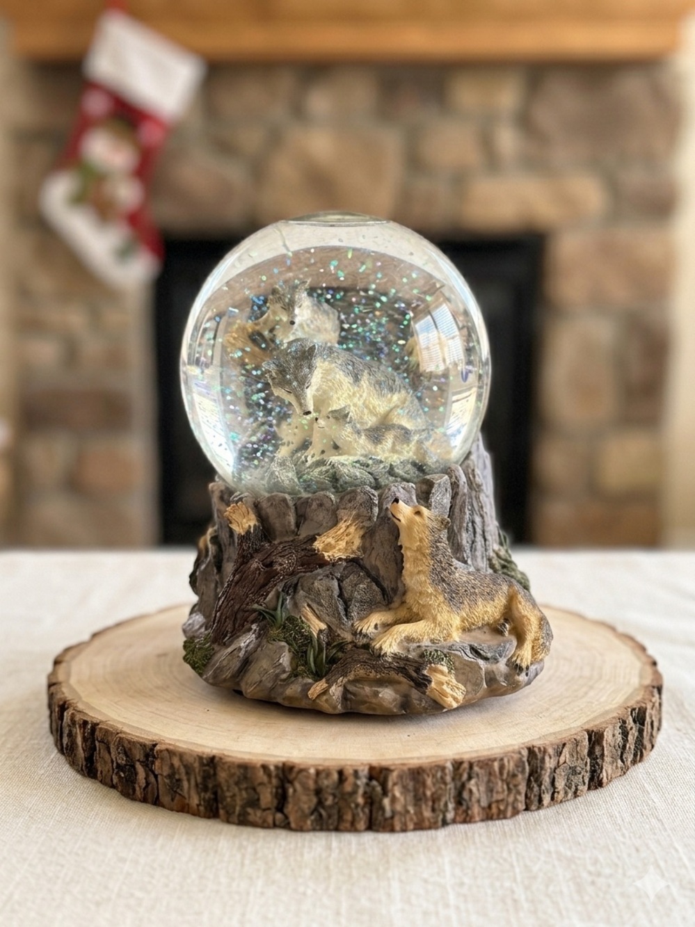 1990s Vintage Wolf Family Snow Globe Rustic Woodland Cabin Lodge Collectible